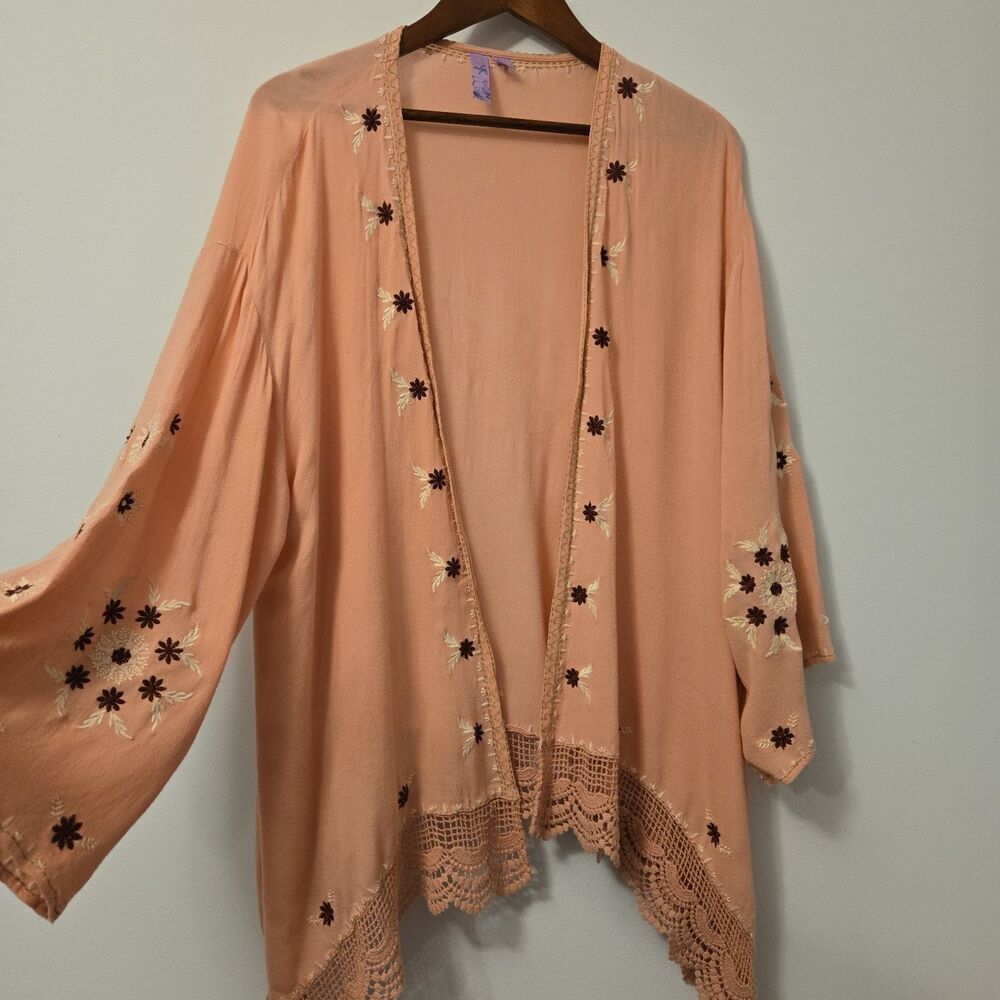 Alya Embroidered Crochet Duster Kimono Cover Up M Cape Boho Festival Hippie Open